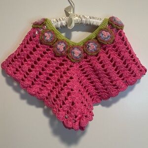 girls hand & heart pink crochet shawl with flower crochet💕